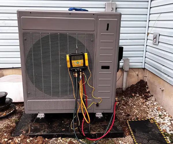 Technicians maintenance tools measuring output of an heat pump unit