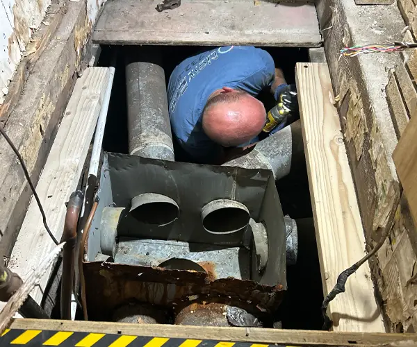 New Era technician repairing and installing new ductwork for an HVAC system